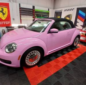 Volkswagen Beetle fully wrapped in 3M Gloss Hot Pink at The Wrench Shack.