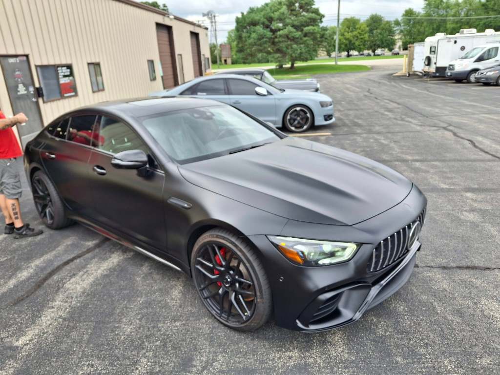 Mercedes-Benz AMG wrapped in 3M Matte Black vinyl at The Wrench Shack near Naperville.
